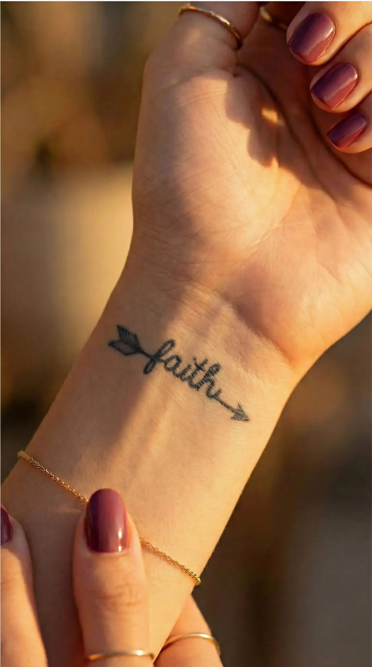 Tatuaj Arrow în stil Fine Line, cu cuvântul faith și o săgeată