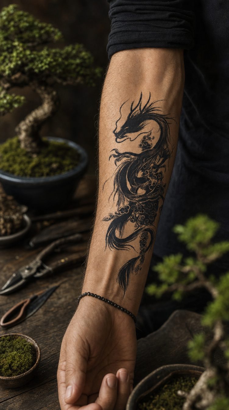 Tatuaj semipermanent cu un dragon printre nori, aplicat pe piele