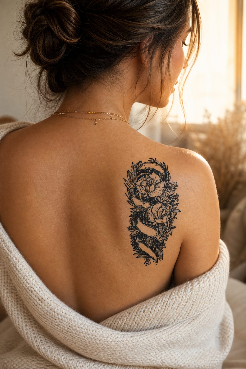 Tatuaj temporar floral ilustrativ InkLabs, buchet de flori legat cu o panglică