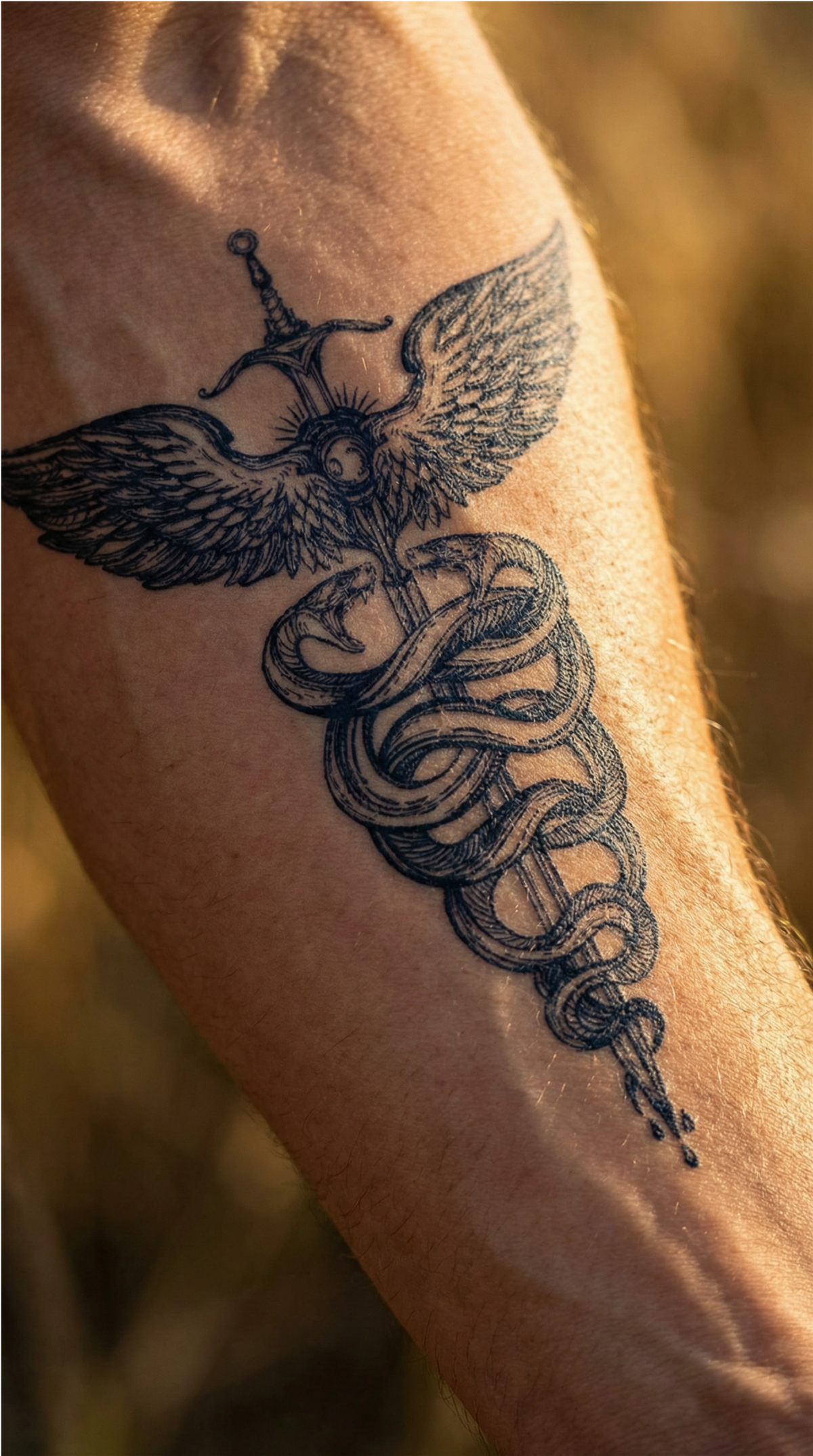 Tatuaj temporar cu aripi, sabie și doi șerpi încolăciți, model Putere și Vindecare
